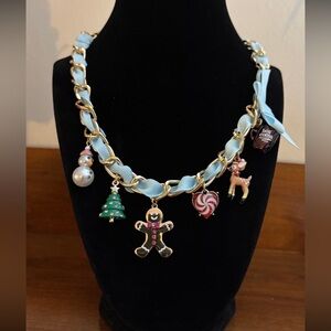 BETSEY JOHNSON Christmas Jingle Bell Bling Frontal Charm Necklace Ribbon NEW NWT